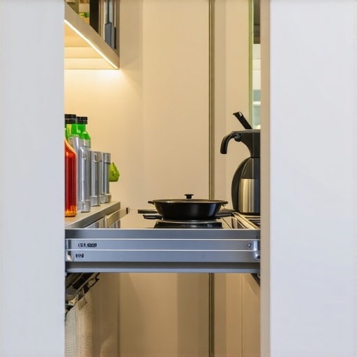 Maintaining Modern Kitchen Cabinet Hardware Close-up of motorized kitchen cabinet hardware and integrated lighting.