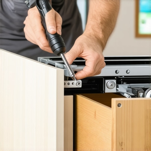 Close-up of a person adjusting a metal drawer slide under a custom wood cabinet drawer for maintenance.