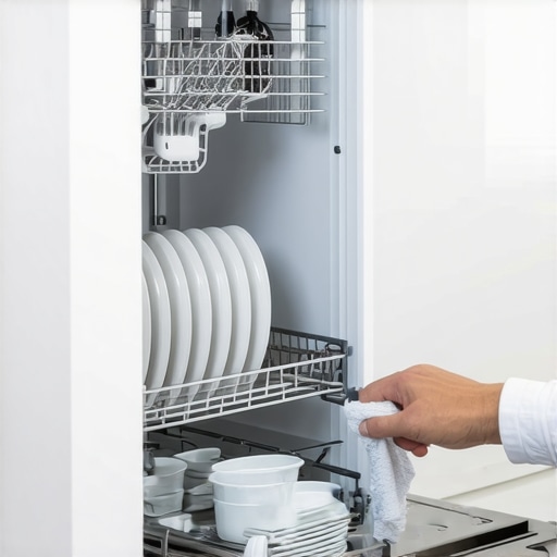 Close up of a custom built-in vertical plate rack with a stainless steel drip tray inside a white cabinet