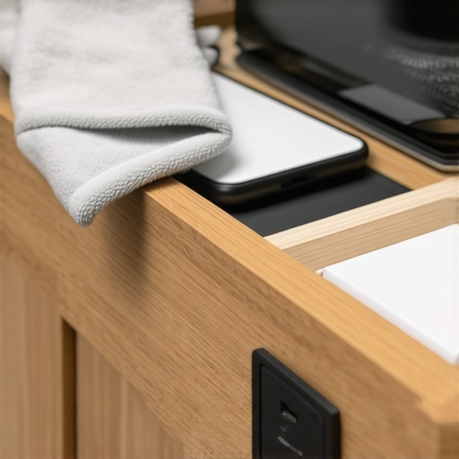 A person cleaning a tech-integrated kitchen cabinet drawer for maintenance