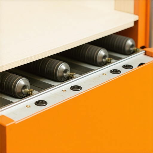 Close up of a hand applying lubricant to metal ball bearing drawer slides in a kitchen cabinet.