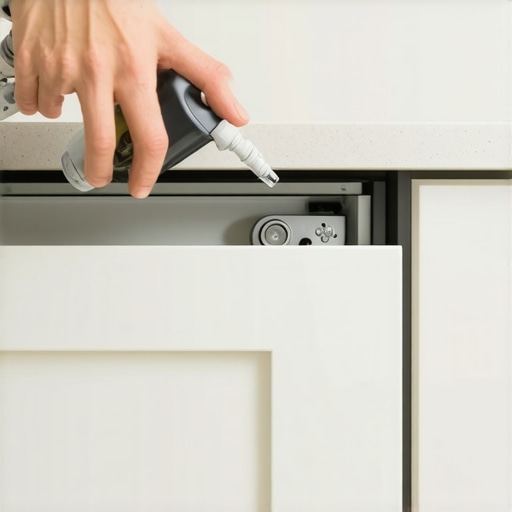 Close-up of applying dry Teflon spray to a metal drawer slide for maintenance.