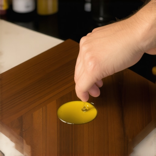 Maintenance of a Custom Walnut Cutting Board Applying mineral oil to a built-in hardwood cutting board for kitchen maintenance.