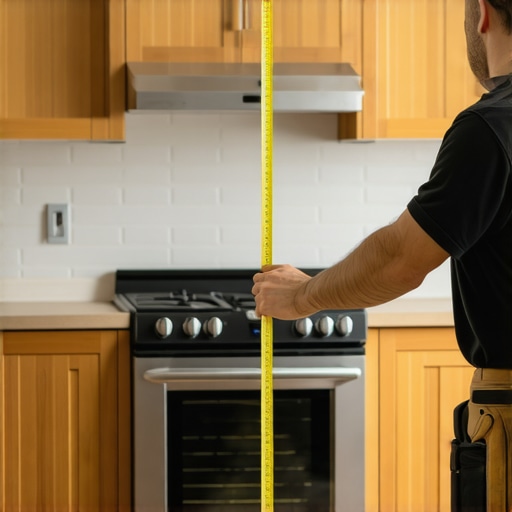 Measuring Cabinet Clearance Over Range Contractor measuring the safety clearance between a stove and upper cabinets.