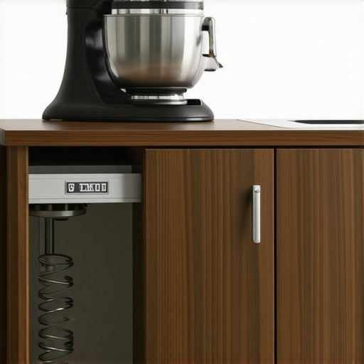 A silver stand mixer being lifted out of a custom kitchen cabinet using a heavy-duty mechanical lift.