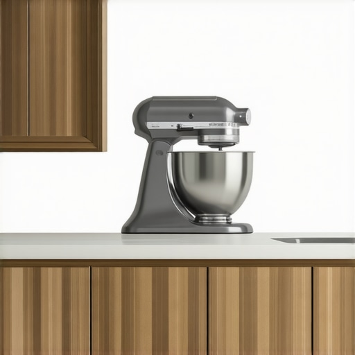 A heavy-duty mixer lift mechanism inside a custom kitchen cabinet for easy appliance access.