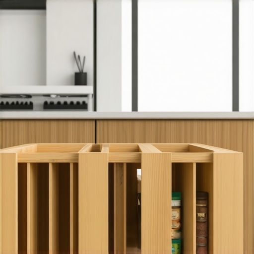 A close-up of a custom pull-out kitchen cabinet drawer with dovetail joints and vertical dividers for organization.