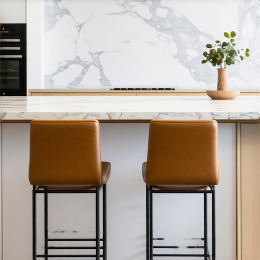 Close-up of a kitchen island overhang with steel supports and leather stools.