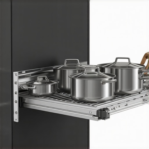 Close-up of a LeMans II corner storage unit with stainless steel pots in a custom kitchen cabinet.
