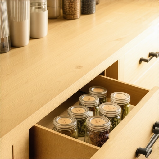 Modern Kitchen Storage Nuance High-end tiered spice drawer insert in a custom kitchen cabinet.