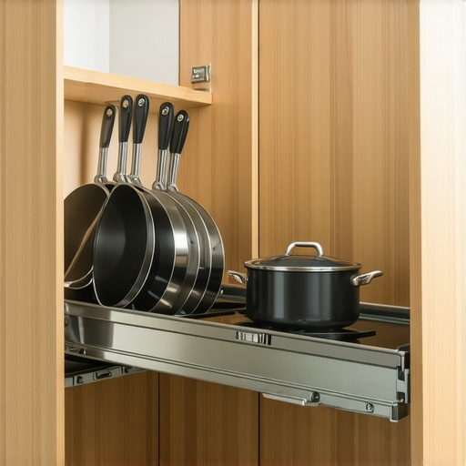 Close-up of a kitchen corner cabinet featuring a LeMans storage pull-out mechanism for efficient space utilization.