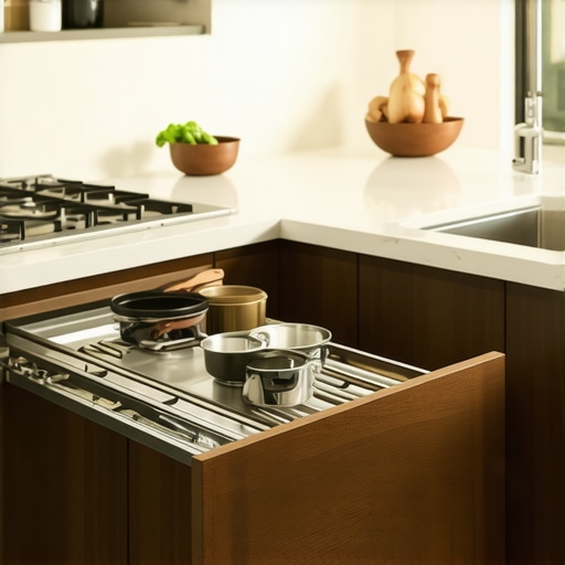Close-up of a LeMans pull-out organizer in a walnut custom cabinet showing efficient corner storage.