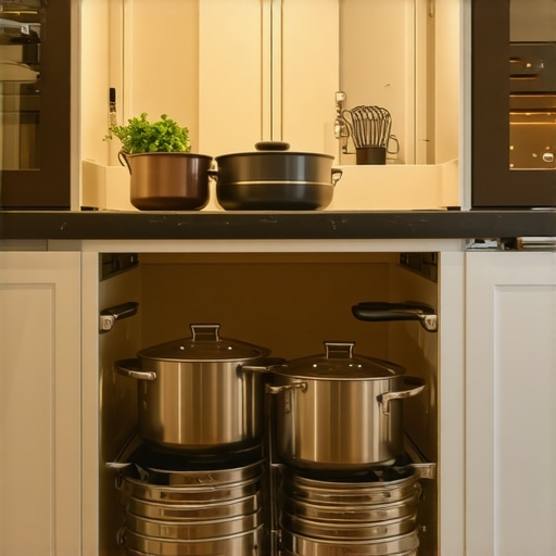 Close-up of a professional LeMans pull-out storage system in a kitchen corner cabinet.