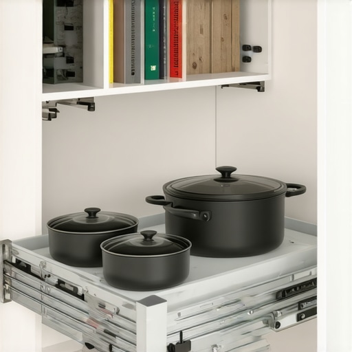 Modern LeMans pull-out kitchen storage Close-up of a mechanical LeMans corner cabinet pull-out system in a modern kitchen.