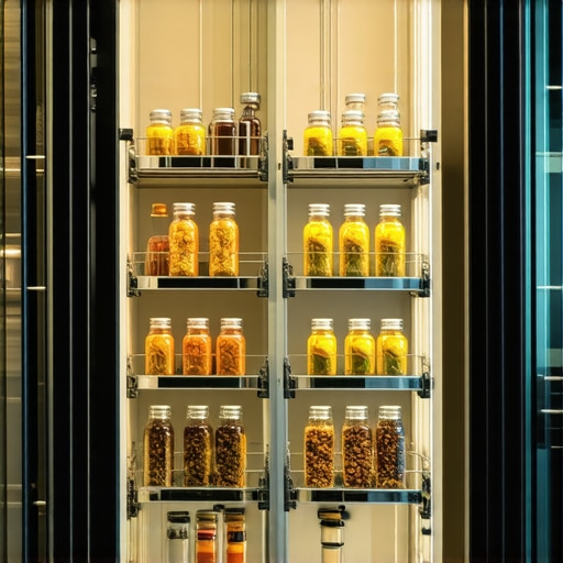 Modern Pull-Out Pantry Organization A sleek custom pull-out pantry showing organized storage in a modern kitchen.