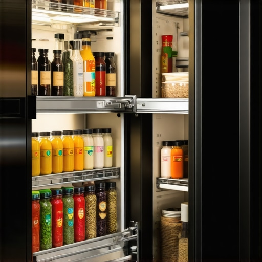 Modern Pull-Out Pantry Organization A slim pull-out pantry cabinet showing organized glass jars and spices in a modern kitchen.