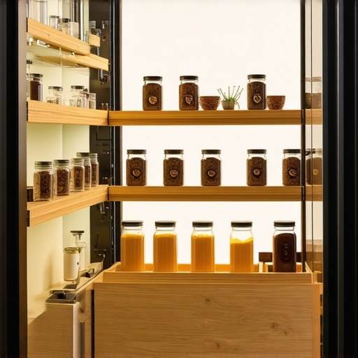 A detailed view of a custom pull-out pantry cabinet with organized kitchen supplies.