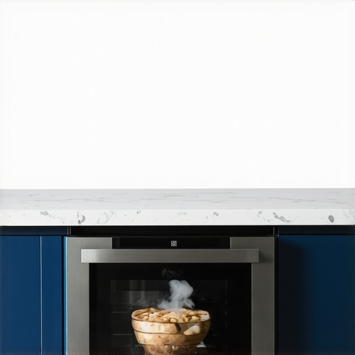 Modern Under-Counter Microwave Drawer Installation Close-up of a stainless steel microwave drawer integrated into custom blue kitchen cabinetry.