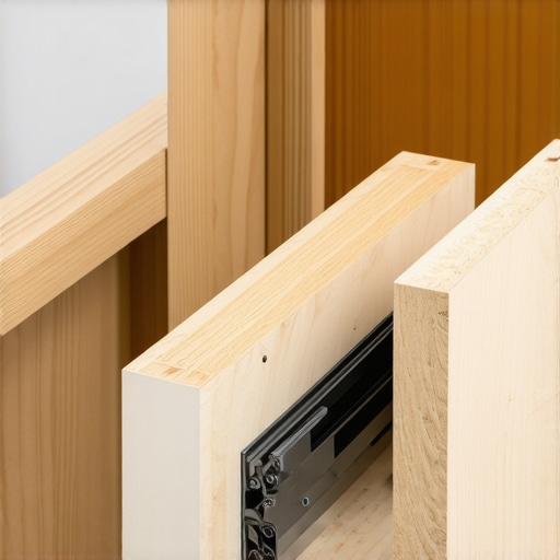 Modernizing structural cabinet hardware A professional view of plywood cabinet construction and modern undermount drawer hardware being installed.