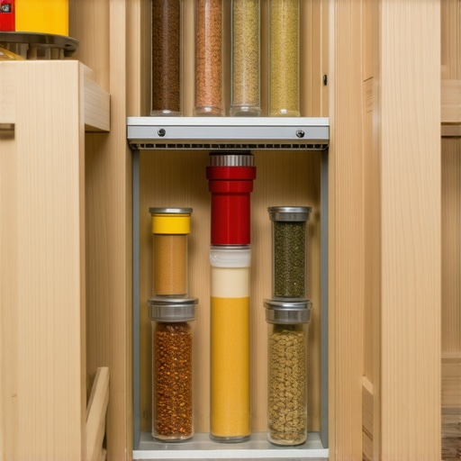 Close-up of a narrow spice pull-out in a custom kitchen cabinet showing tight storage space.
