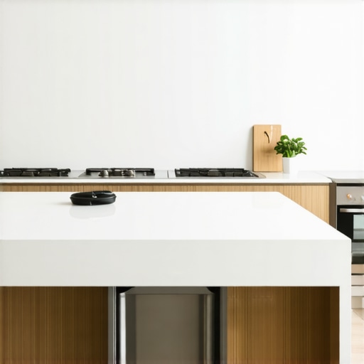 A modern kitchen island featuring an integrated trash pull-out positioned away from the oven to prevent odors.