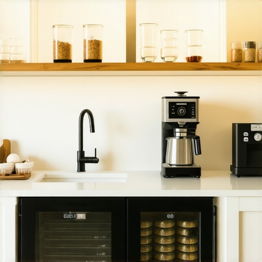 Organized Butler Pantry with Pull-out Shelving A modern butler's pantry featuring custom pull-out cabinets and an integrated coffee station for maximum kitchen efficiency.
