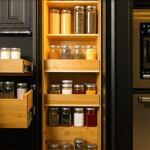 High-end pull-out pantry drawer showing full visibility of kitchen goods.