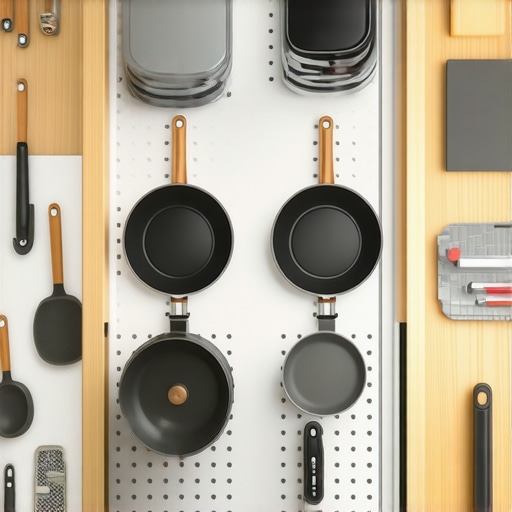 A deep custom cabinet drawer using a pegboard organizer to hold heavy pots and pans securely.