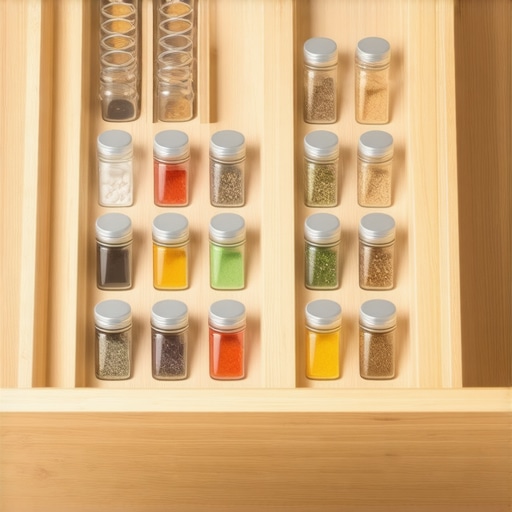 Organized Tiered Spice Drawer for Easy Visibility Close up of an organized custom spice drawer with tiered inserts and labeled glass jars.