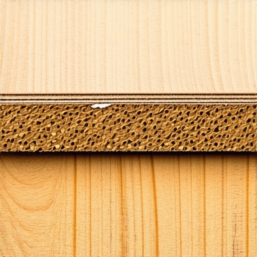 Close-up comparison of plywood layers and particle board texture for kitchen cabinets.