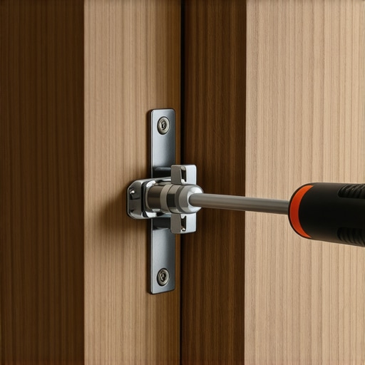 A professional woodworker adjusting the tension of a soft-close hinge on a custom kitchen cabinet to prevent rattling.