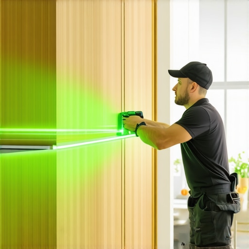 Professional green laser level checking the vertical plumb of a custom kitchen pantry installation.