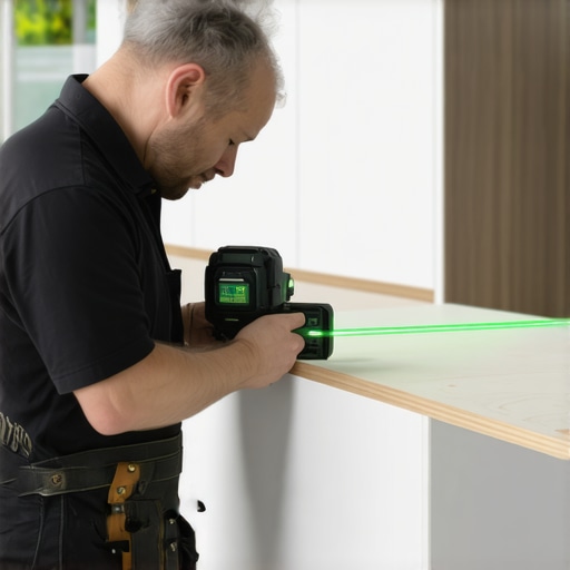 Precision Alignment with Laser Levels in Kitchen Remodeling Carpenter using a green laser level to align custom kitchen cabinets for a perfect installation.
