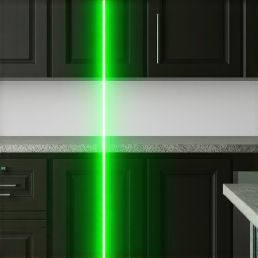 Close-up of a laser level being used to align custom dark wood cabinets during a kitchen remodel.