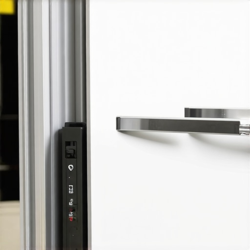 A professional hardware jig being used to align cabinet handles perfectly on a white door.