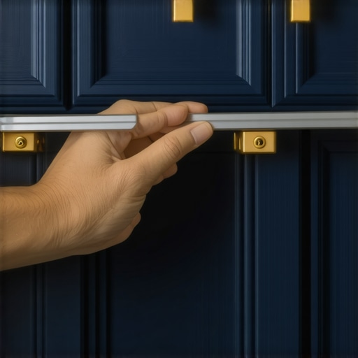 A professional jig being used to align a brass handle on a blue custom cabinet door.