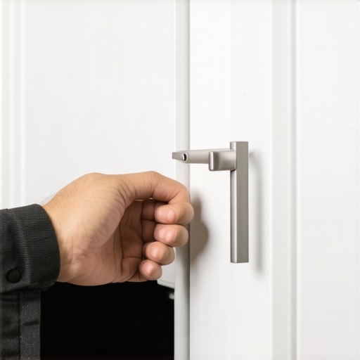 A person using a hardware jig to align cabinet handles perfectly.