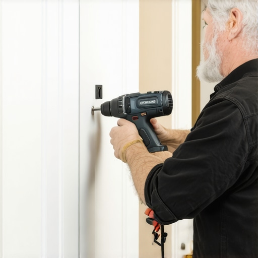 Woodworker using a professional drill guide for perfect cabinet hardware alignment.