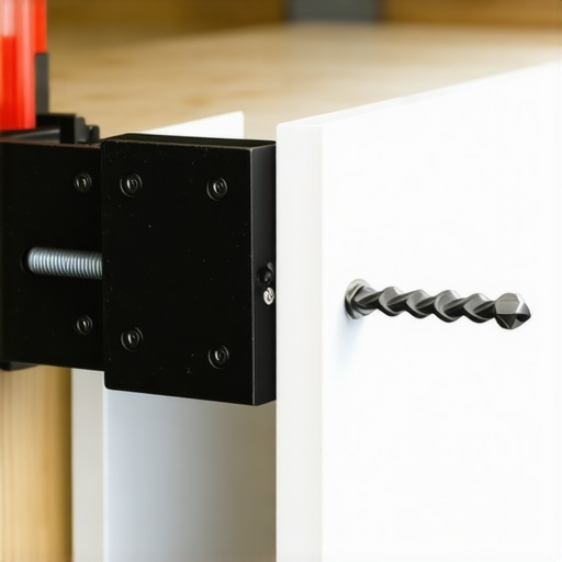A professional aluminum jig used for drilling precise handle holes in custom kitchen cabinets.