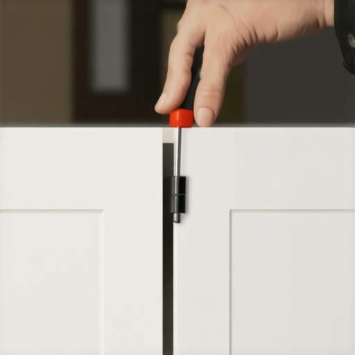 Precision Cabinet Hinge Adjustment A close-up of a person performing a precision adjustment on a high-quality kitchen cabinet hinge for perfect door alignment.