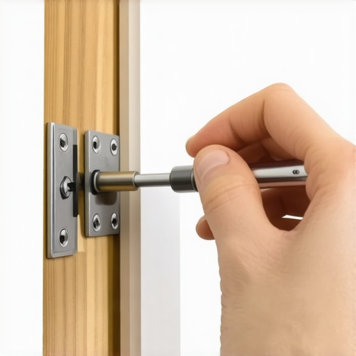 Close-up of a technician adjusting a European hinge on custom white oak cabinetry for perfect alignment.