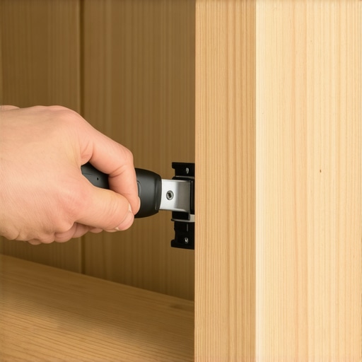 Precision Cabinet Hinge Adjustment Close up of adjusting a cabinet hinge with a screwdriver