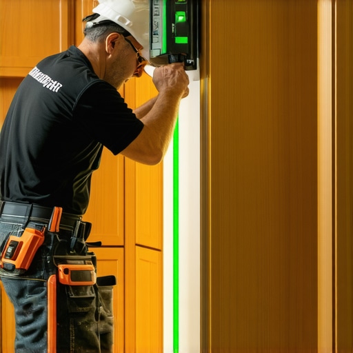 A professional using a laser level to ensure perfectly aligned custom kitchen cabinets.