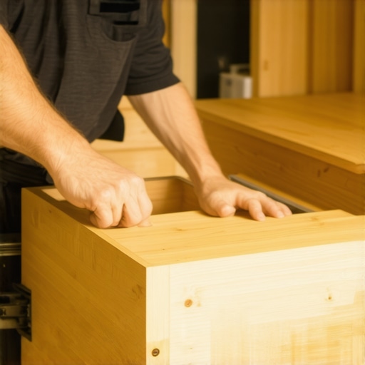 A craftsman installing a custom dovetail drawer into a kitchen base cabinet.