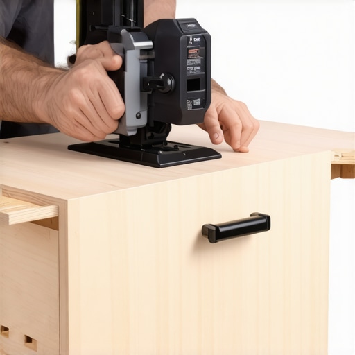 Precision Hardware Alignment Tool A professional hardware jig being used for cabinet handle installation