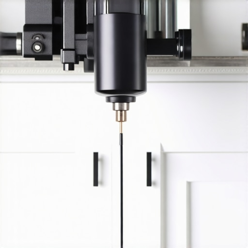 Precision Hardware Installation Tool Close-up of a professional cabinet hardware jig used for aligning handles on custom kitchen doors.