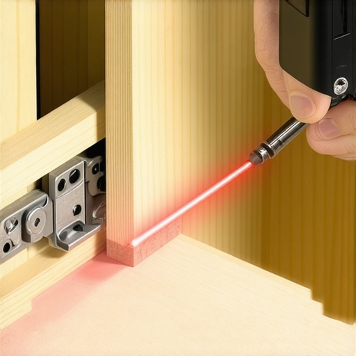 Precision Hinge Adjustment with Laser Level A craftsman performing maintenance on high-end kitchen cabinet hinges.