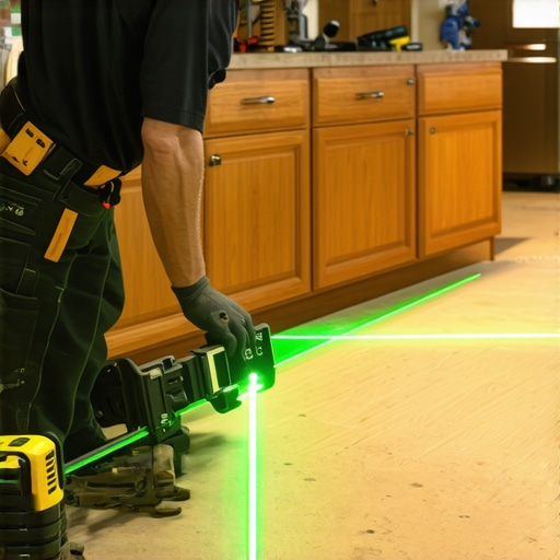 A green laser level projecting lines across new plywood kitchen cabinets during installation.