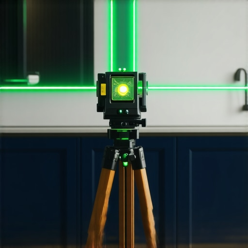Precision Laser Leveling for Custom Cabinets A laser level projecting a green line on custom kitchen cabinets for precise maintenance and alignment.