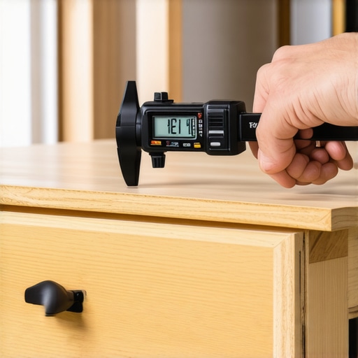 Precision Measuring for Kitchen Drawer Alignment Digital caliper measuring the gap of a reinforced kitchen drawer for perfect alignment.